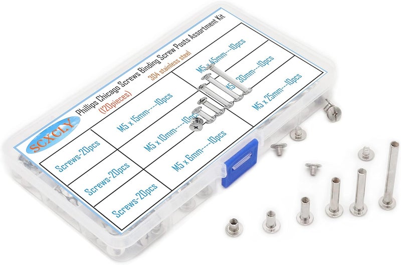 SCXCLY 120pcs Chicago Screws Binding Screw Posts Assortment Kit, 6 Sizes(M5 x 6/10/15/25/30/45mm), 304 Stainless Steel - Image 5